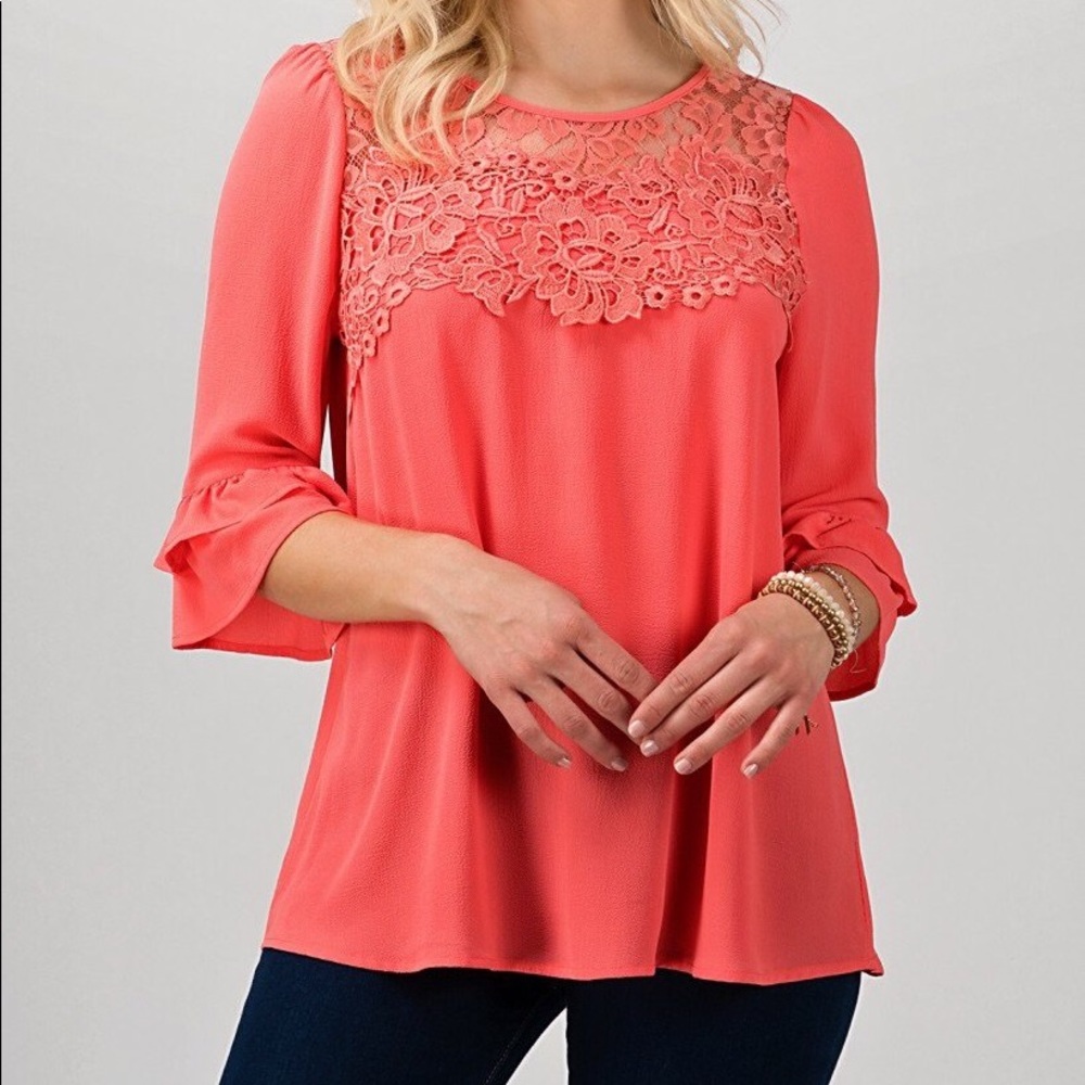 Coral blouse with lace details, 3/4 sleeves, NWT